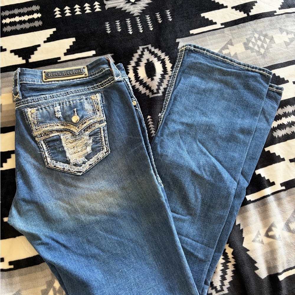 Rock Revival Women's Medium Blue Bootcut Jeans with Distressed Pocket